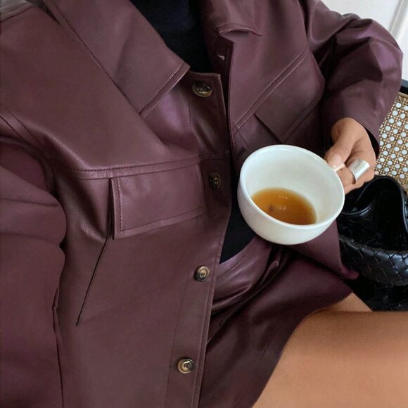 Burgundy Casual Women's Pu Jacket Coat & Mini Skirt coord set - Picture 4 of 6